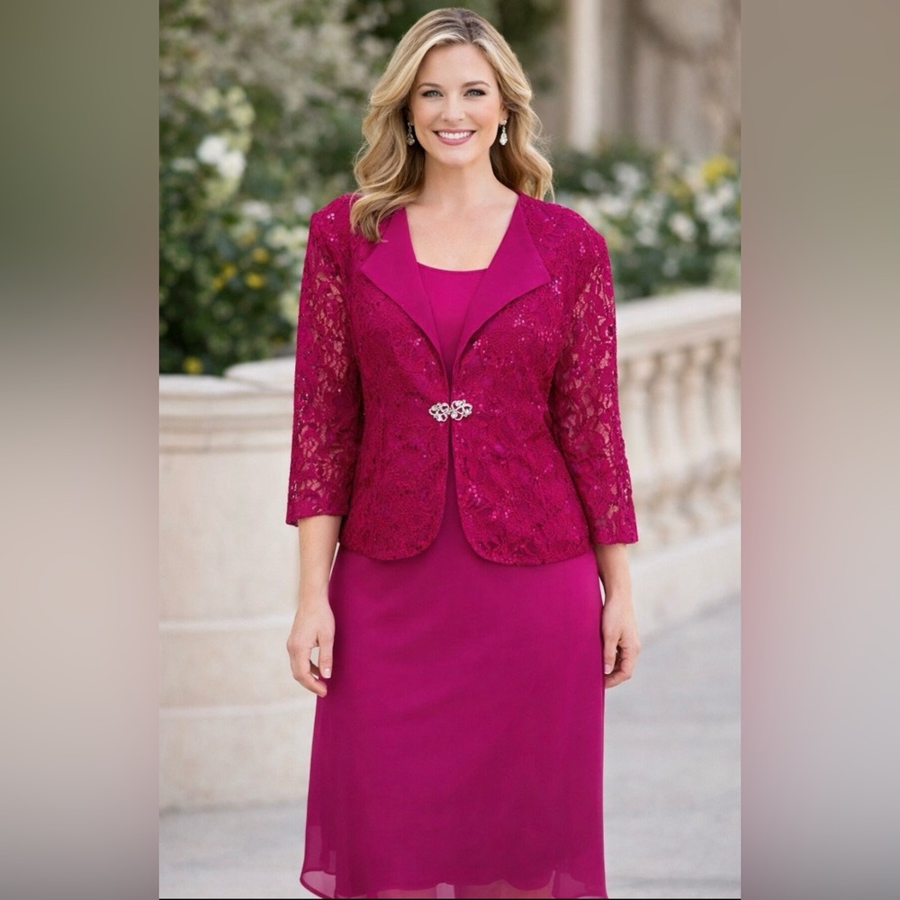 •	Fuchsia Evening Dress with Lace Jacket – Wedding & Formal Events plus size .